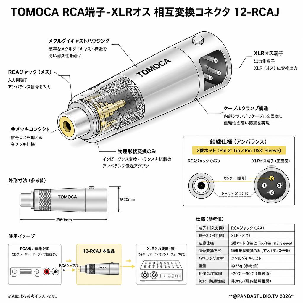 TOMOCA RCA端子-XLRオス 相互変換コネクタ 12-RCAJ スペック