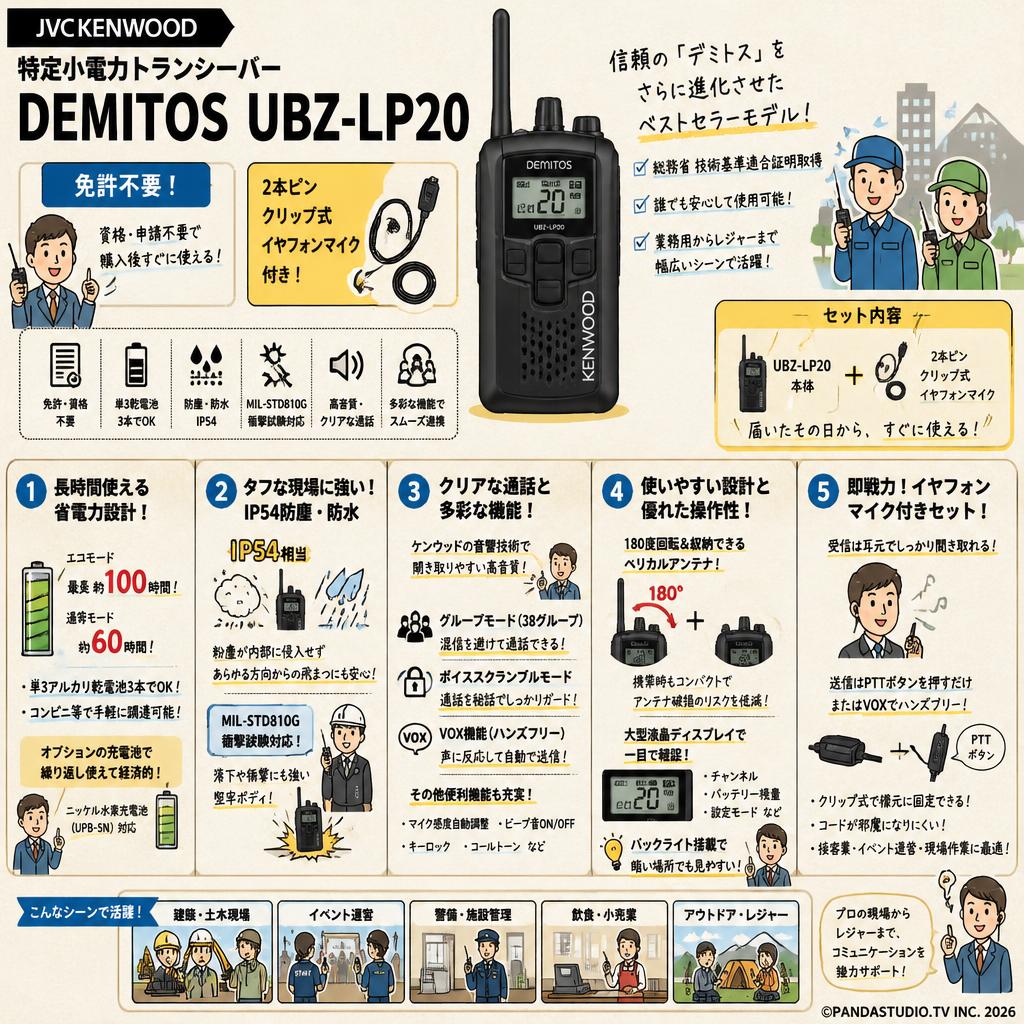 JVC KENWOOD 特定小電力トランシーバー　DEMITOS UBZ-LP20【免許不要】【２本ピン クリップ式イヤフォンマイク付き】 概要