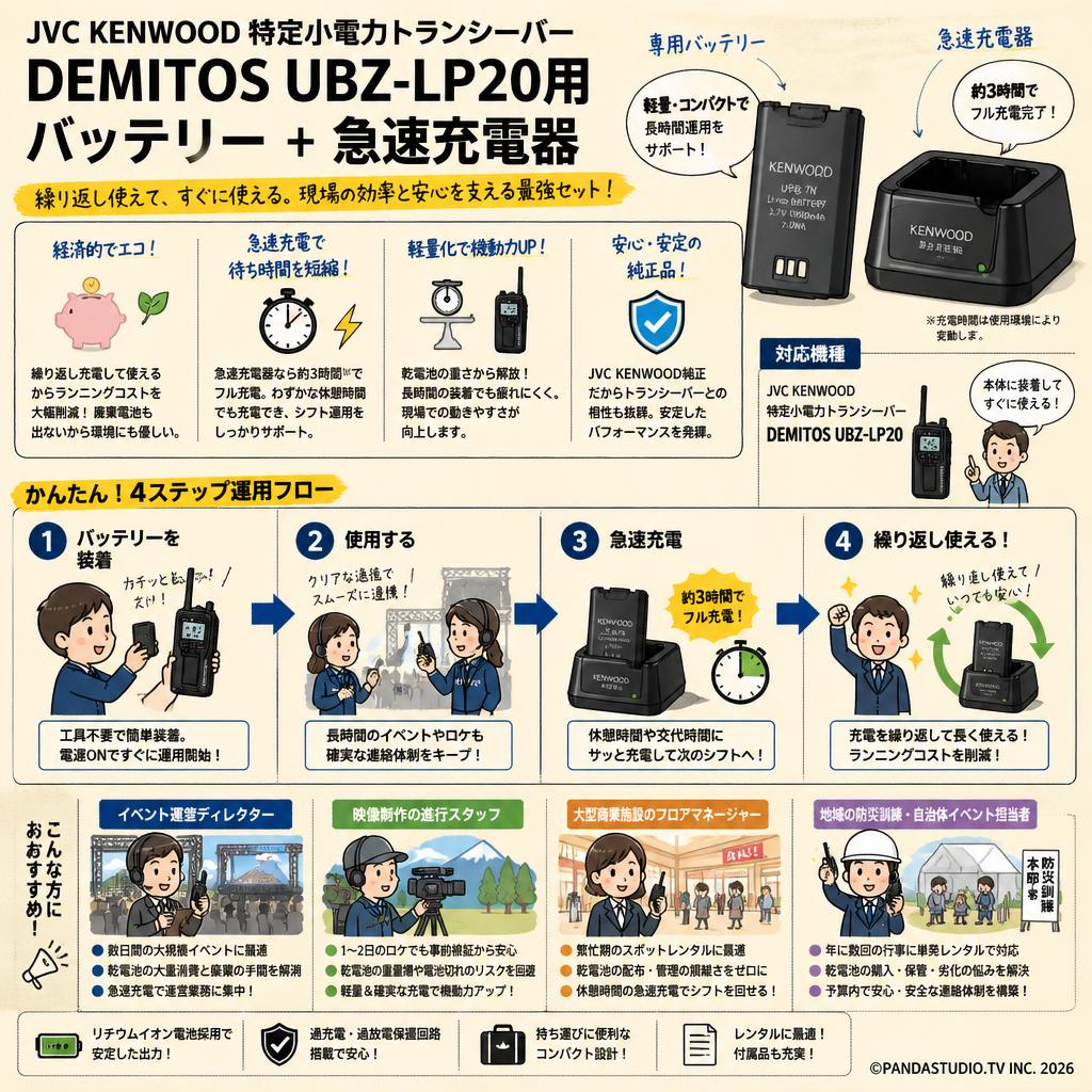 JVC KENWOOD 特定小電力トランシーバー　DEMITOS UBZ-LP20用バッテリー + 急速充電器 おもな対象のお客様