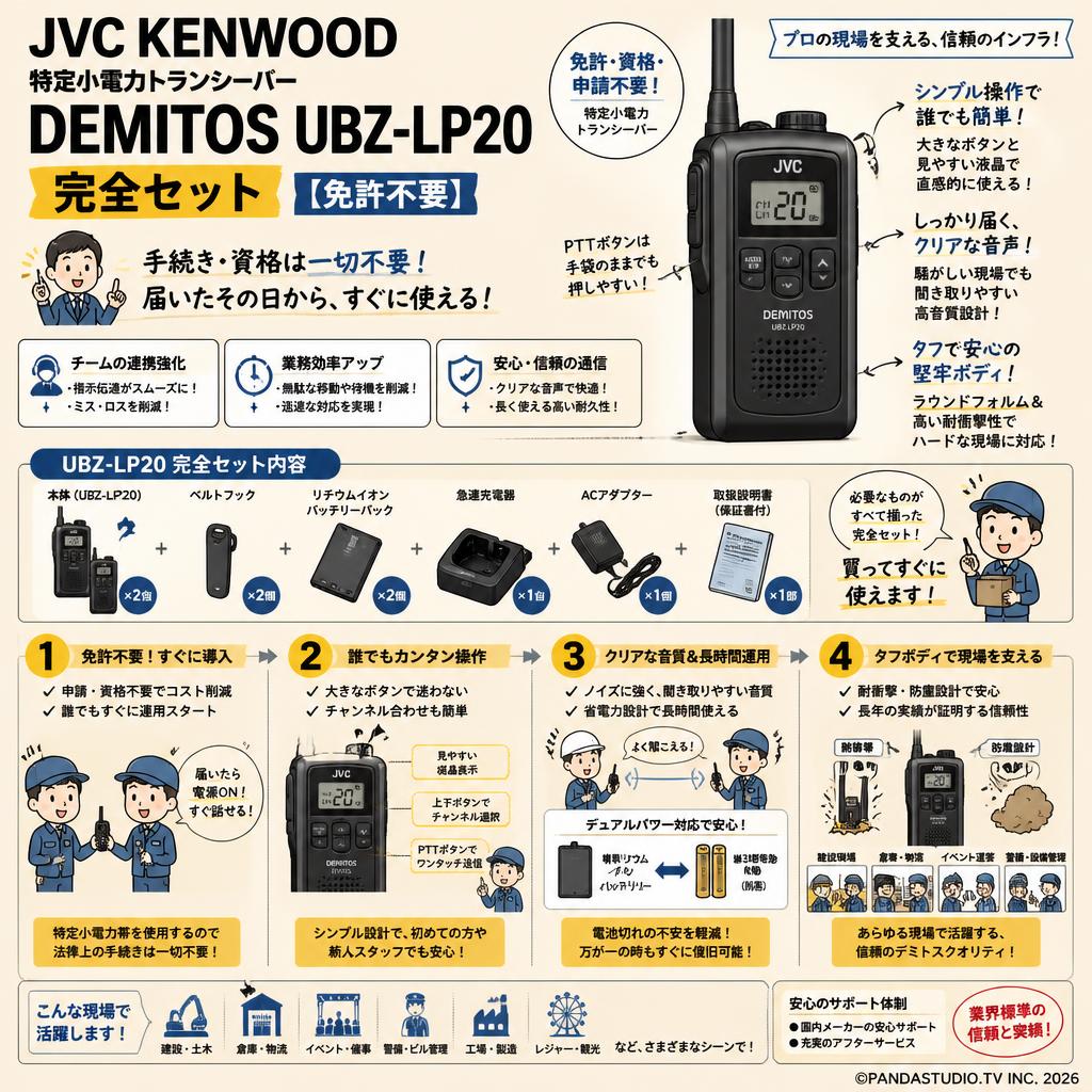 JVC KENWOOD 特定小電力トランシーバー　DEMITOS UBZ-LP20 完全セット【免許不要】 概要