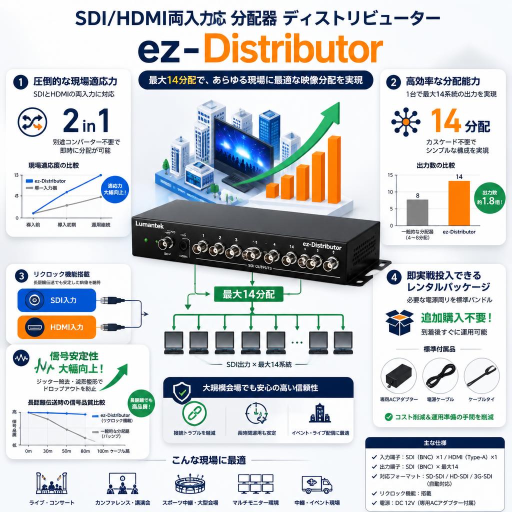 Lumantek SDI/HDMI両入力対応 分配器 ディストリビューター ez-Distributor 最大14分配 セールスポイント