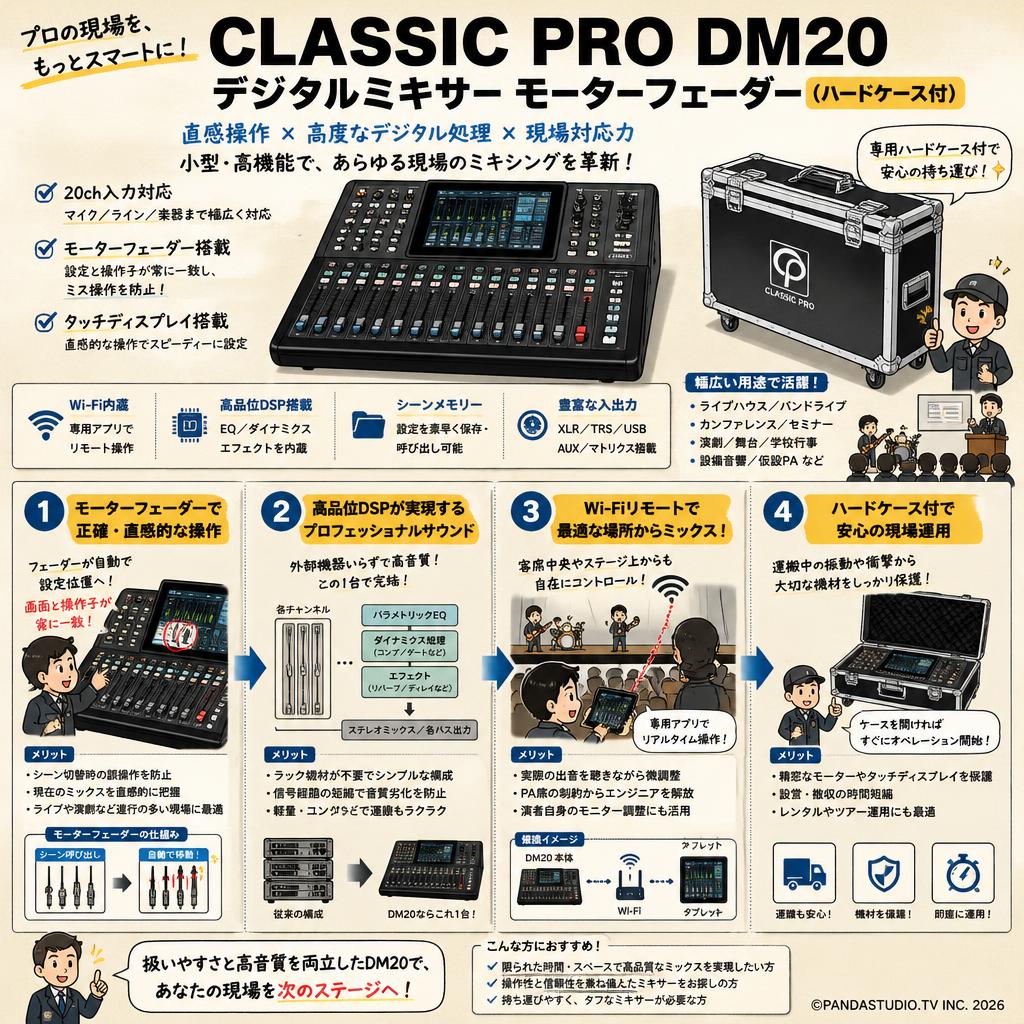 CLASSIC PRO DM20 デジタルミキサー モーターフェーダー（ハードケ－ス付） 概要