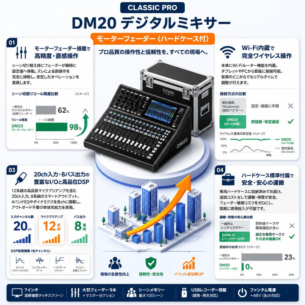 CLASSIC PRO DM20 デジタルミキサー モーターフェーダー（ハードケ－ス付） セールスポイント