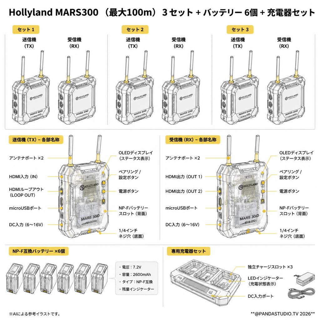 Hollyland MARS300 （最大100ｍ）3セット+バッテリー  6個 +充電器セット スペック