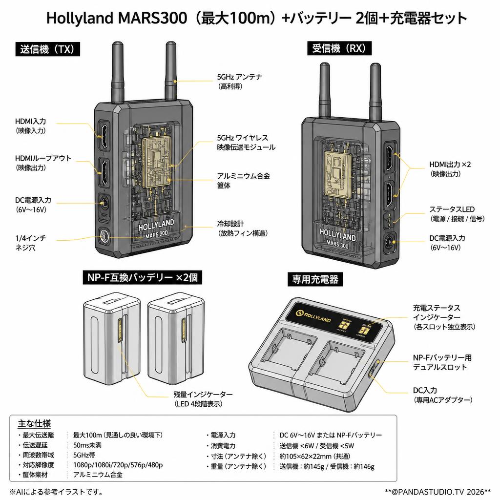 Hollyland MARS300 （最大100ｍ）+バッテリー  2個 +充電器セット スペック