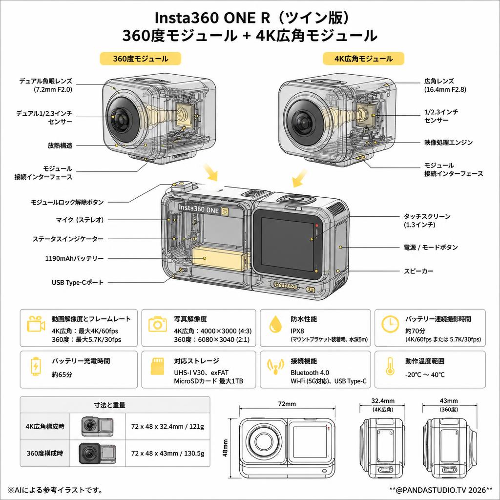 Insta360 ONE R （ツイン版）360度モジュール + 4K広角モジュール スペック