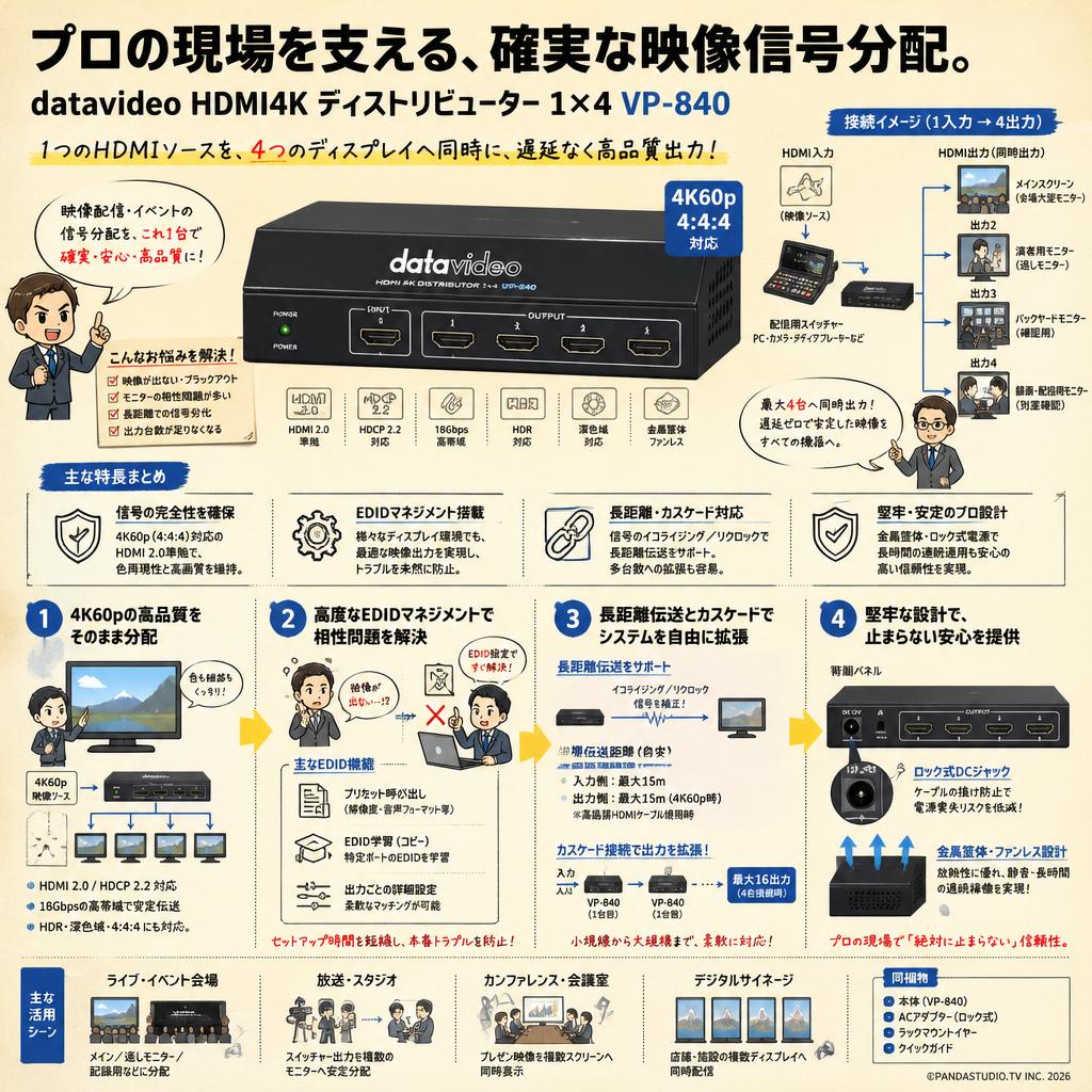 datavideo HDMI4K ディストリビューター 1×4 VP-840 概要