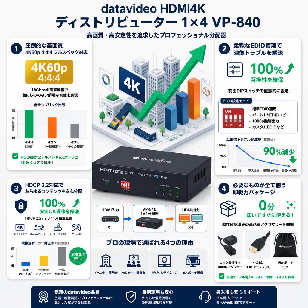 datavideo HDMI4K ディストリビューター 1×4 VP-840 セールスポイント