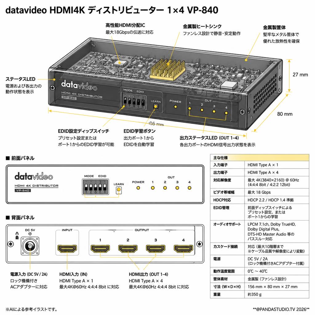 datavideo HDMI4K ディストリビューター 1×4 VP-840 スペック