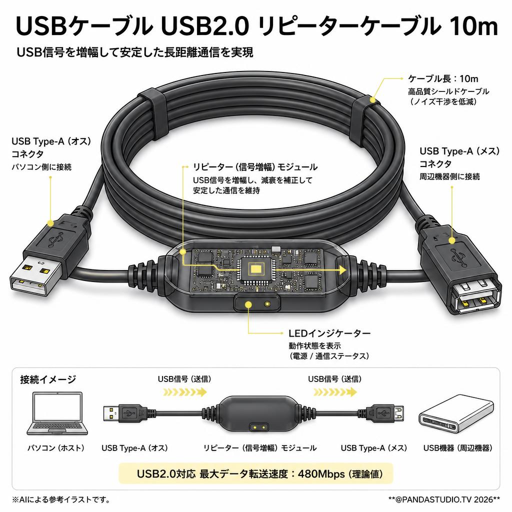 USBケーブル USB2.0  リピーターケーブル 10m スペック