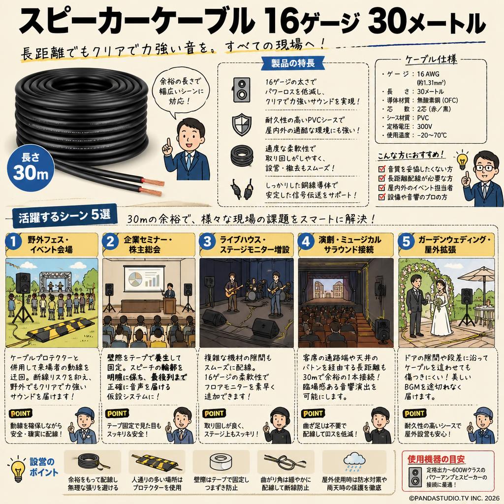 スピーカーケーブル 16ゲージ 30メートル 用途