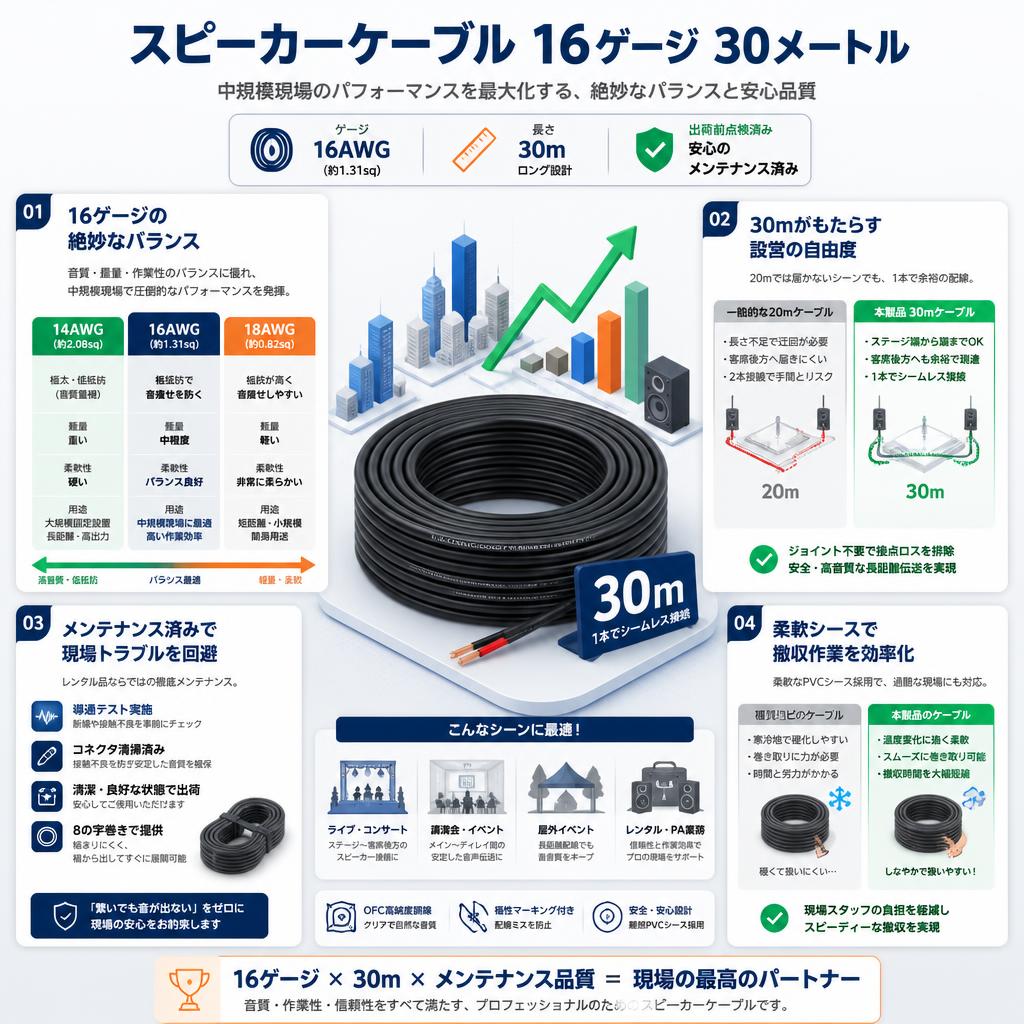 スピーカーケーブル 16ゲージ 30メートル セールスポイント