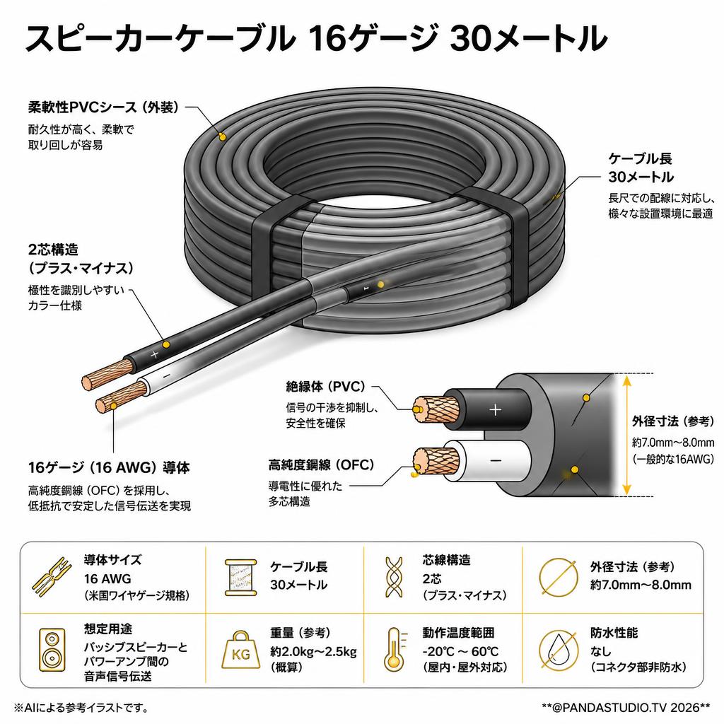 スピーカーケーブル 16ゲージ 30メートル スペック