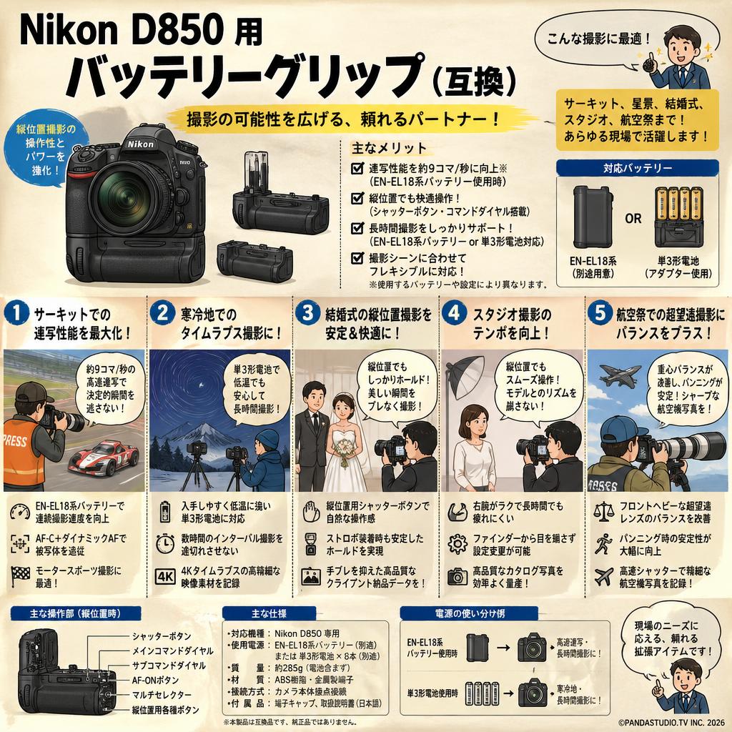 Nikon D850 用 バッテリーグリップ（互換） 用途