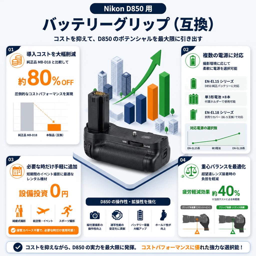 Nikon D850 用 バッテリーグリップ（互換） セールスポイント