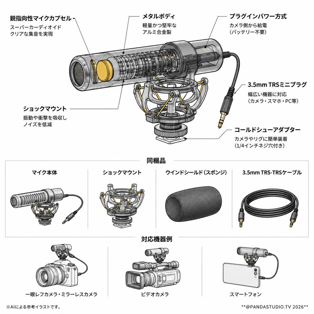 【カメラとセットにてレンタルで100円】ビデオカメラ用マイク 3.5mmガンマイク（一眼レフ・ビデオカメラ・スマートフォン用） スペック