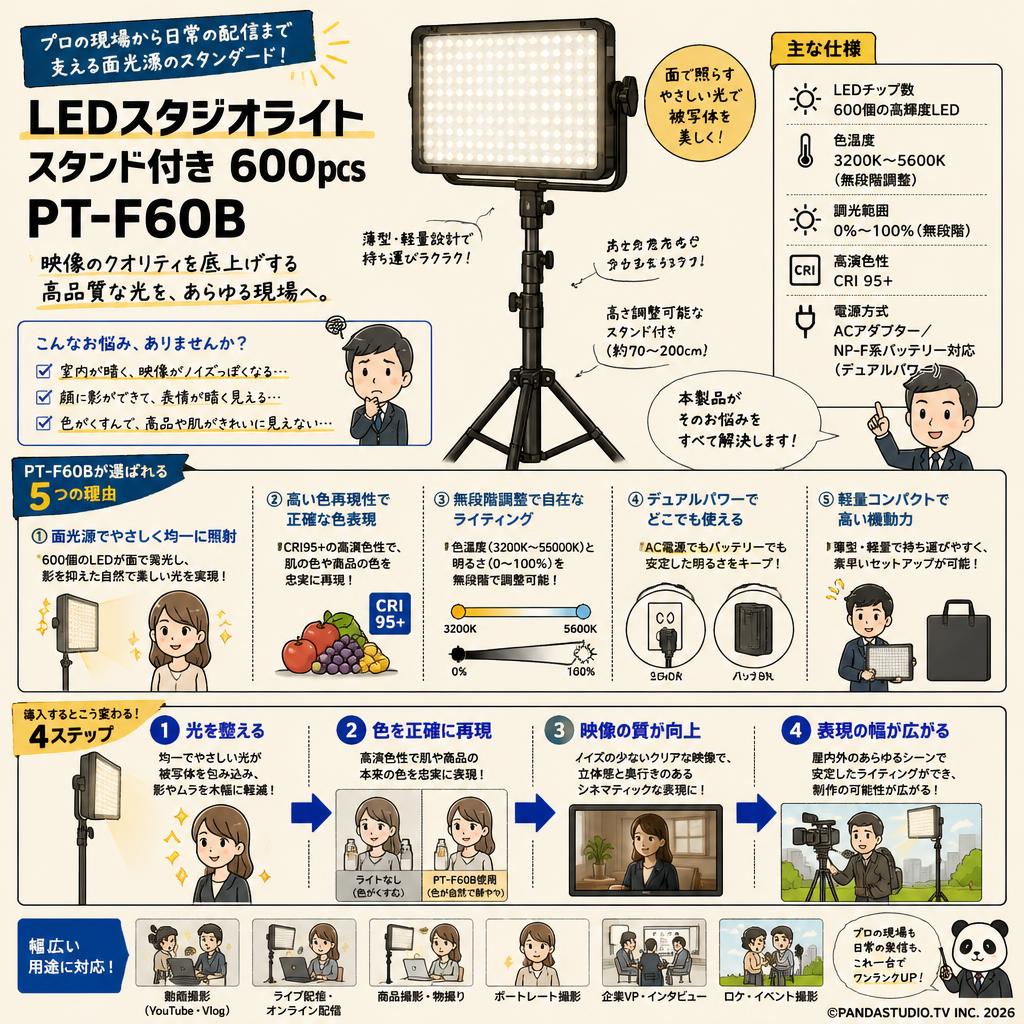 LEDスタジオライト スタンド付き 600pcs PT-F60B 概要