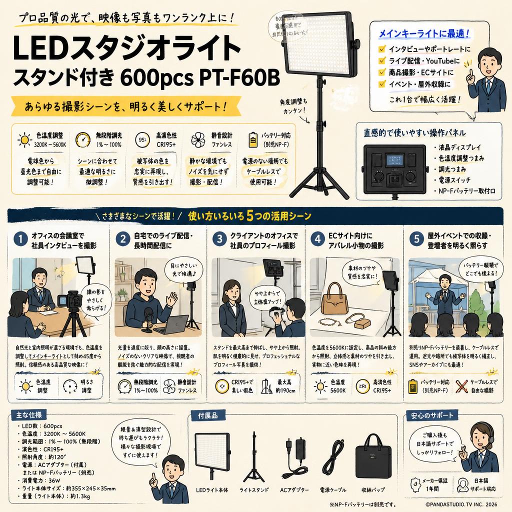 LEDスタジオライト スタンド付き 600pcs PT-F60B 用途