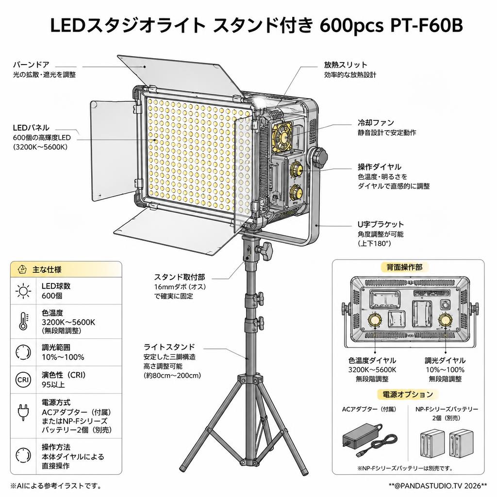 LEDスタジオライト スタンド付き 600pcs PT-F60B スペック