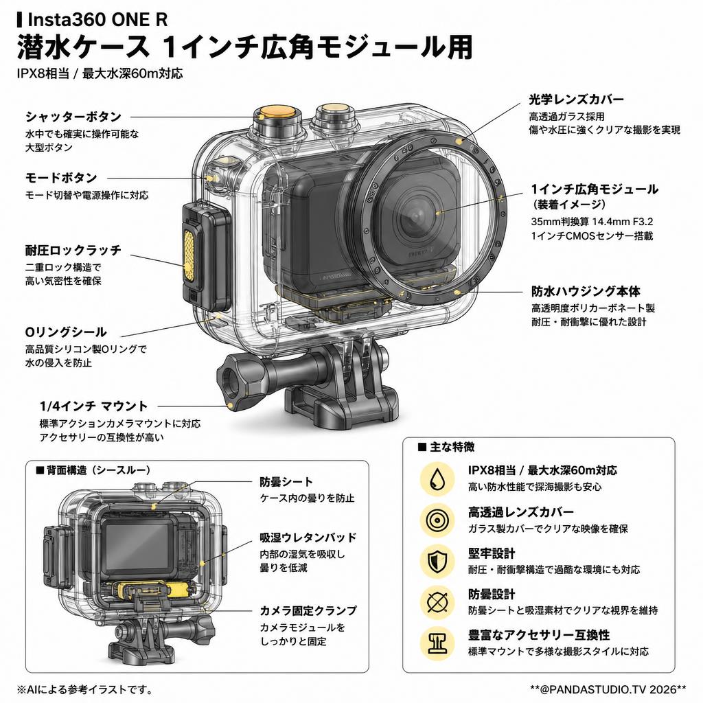 Insta360 ONE R 潜水ケース 1インチ広角モジュール用 スペック