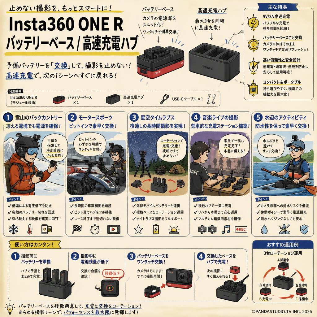 Insta360 ONE R バッテリーベース / 高速充電ハブ 用途