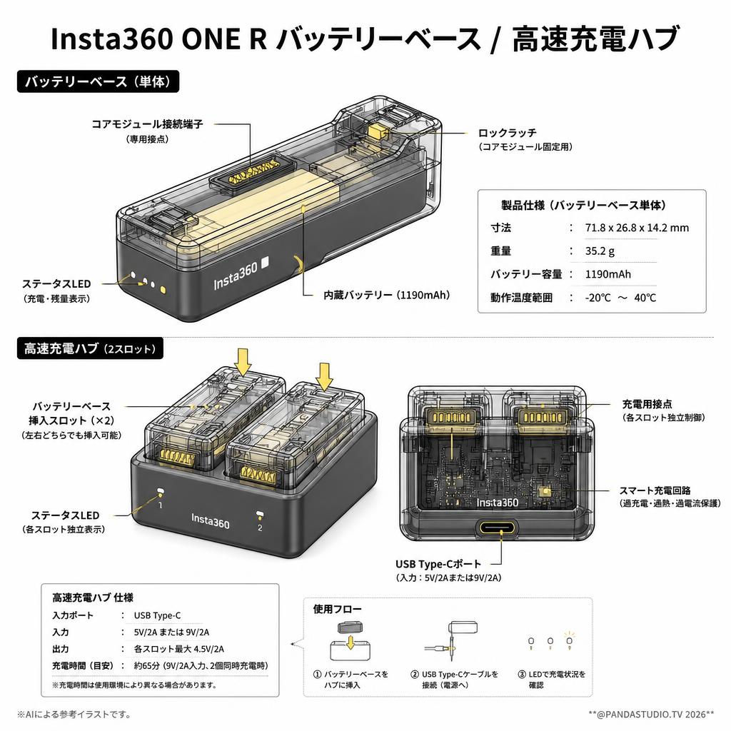 Insta360 ONE R バッテリーベース / 高速充電ハブ スペック
