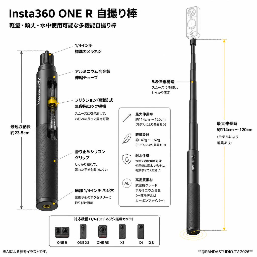 Insta360 ONE R 自撮り棒 スペック