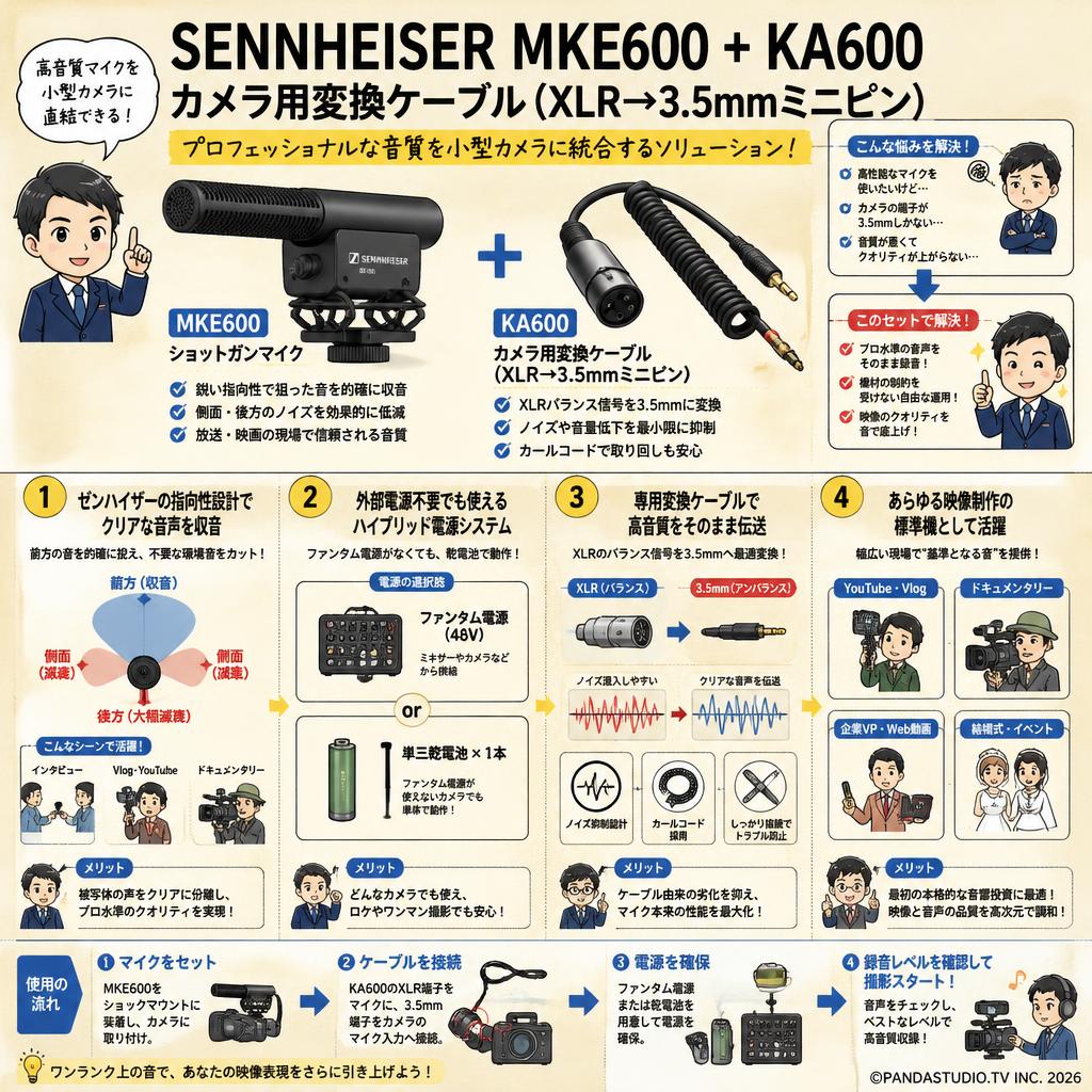 SENNHEISER  MKE600 + KA600カメラ用変換ケーブル（XLR→3.5mmミニピン） 概要