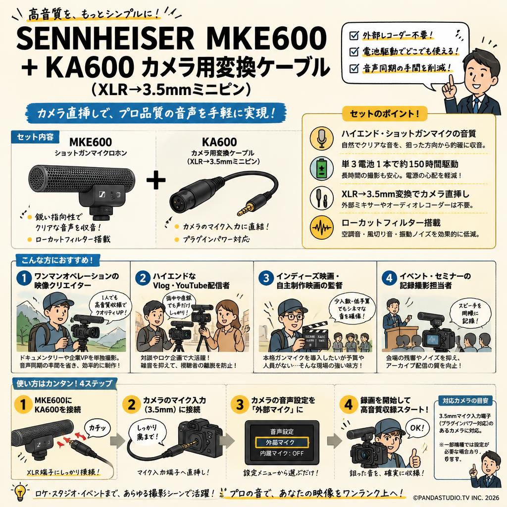 SENNHEISER  MKE600 + KA600カメラ用変換ケーブル（XLR→3.5mmミニピン） おもな対象のお客様