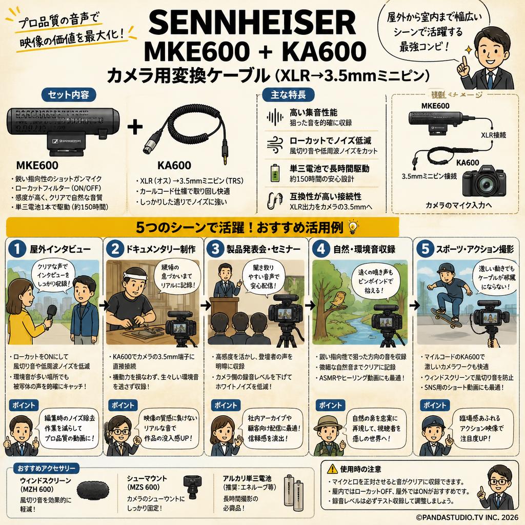 SENNHEISER  MKE600 + KA600カメラ用変換ケーブル（XLR→3.5mmミニピン） 用途