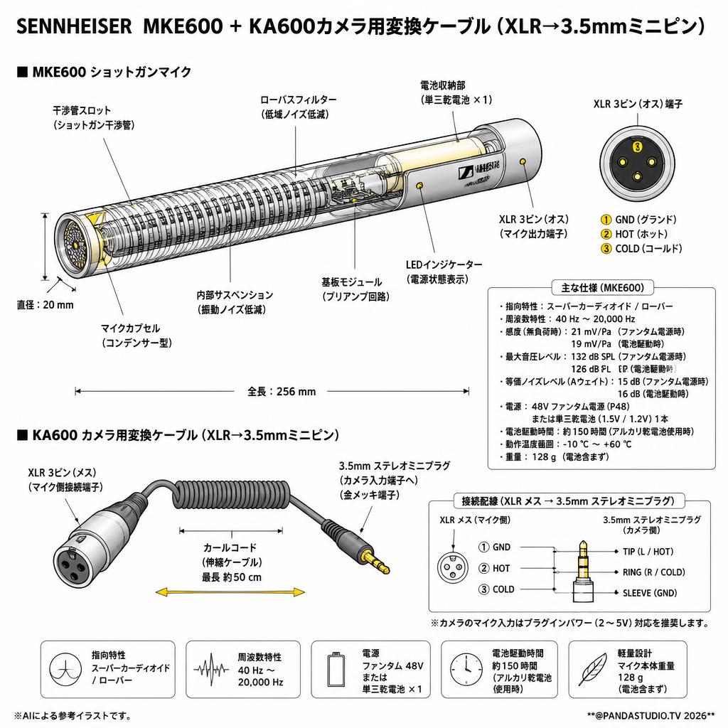 SENNHEISER  MKE600 + KA600カメラ用変換ケーブル（XLR→3.5mmミニピン） スペック