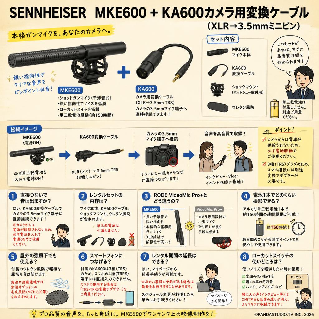 SENNHEISER  MKE600 + KA600カメラ用変換ケーブル（XLR→3.5mmミニピン） FAQ（よくある質問と答え）