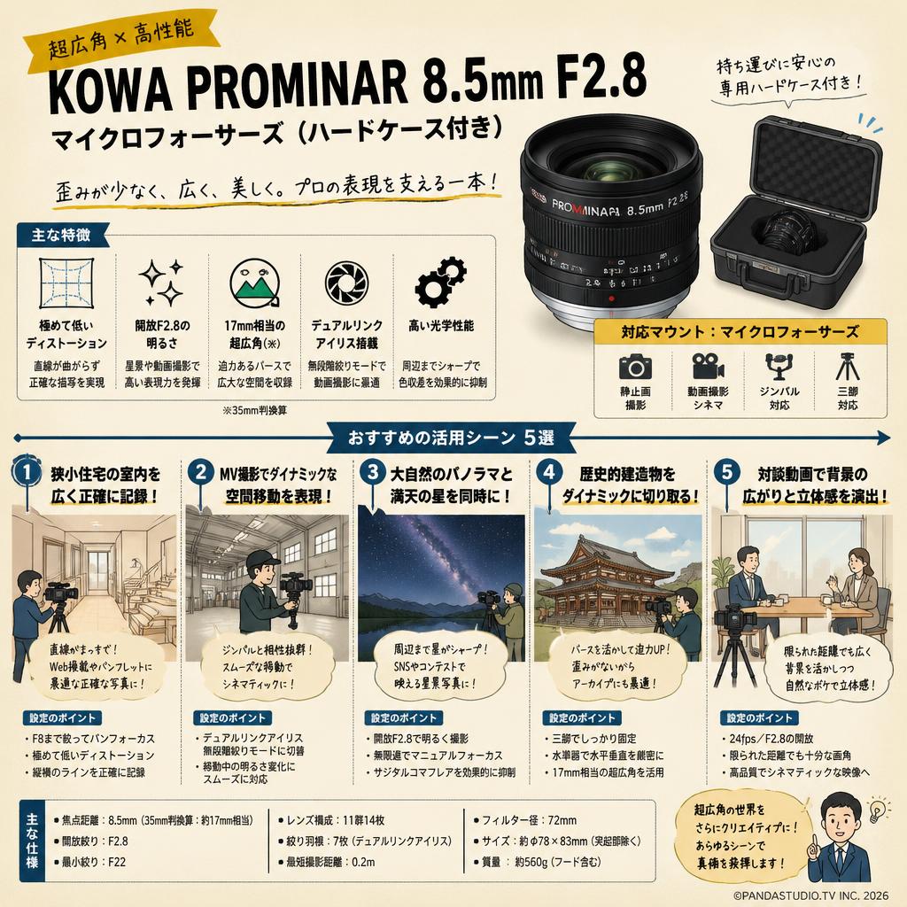 KOWA PROMINAR 8.5mm F2.8 マイクロフォーサーズ (ハードケ－ス付き) 用途