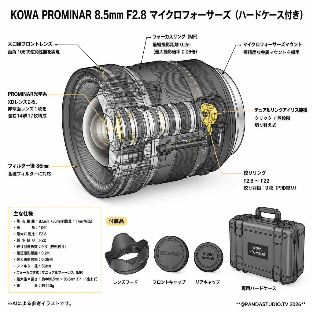 KOWA PROMINAR 8.5mm F2.8 マイクロフォーサーズ (ハードケ－ス付き) スペック