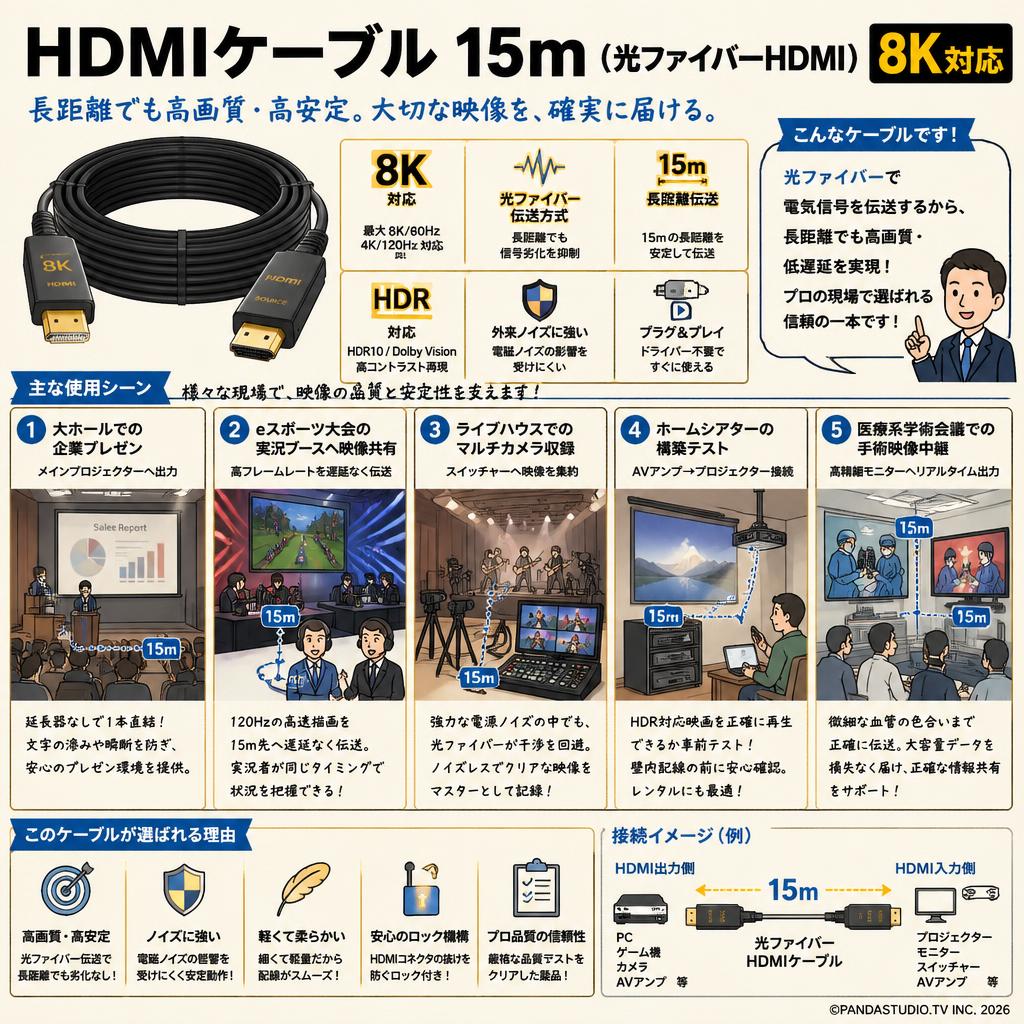 HDMIケーブル 15m （光ファイバーHDMI）8K対応 用途
