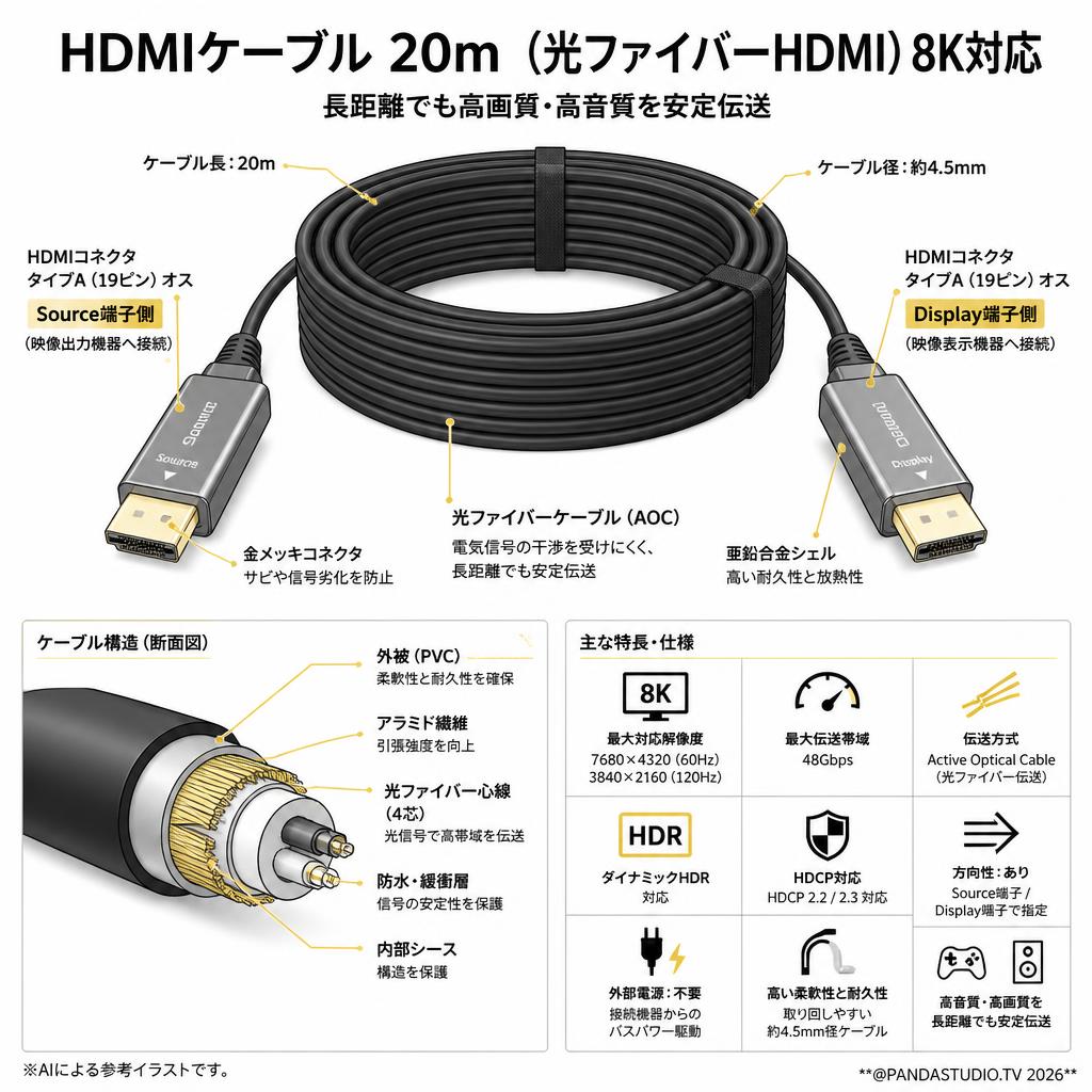 HDMIケーブル 20m （光ファイバーHDMI）8K対応 スペック