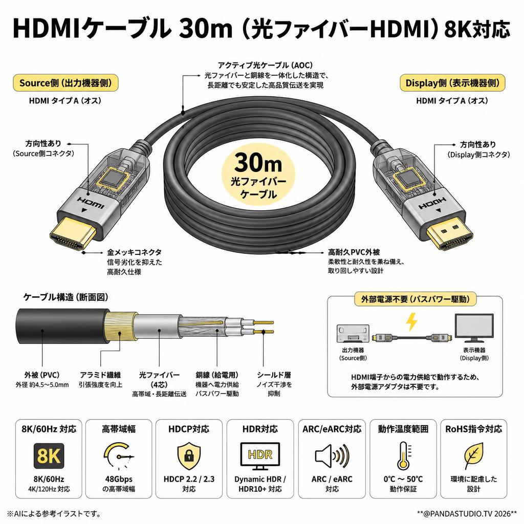 HDMIケーブル 30m （光ファイバーHDMI）8K対応 スペック