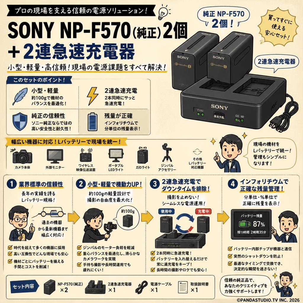 SONY NP-F570 （純正）2個 +　2連急速充電器 概要