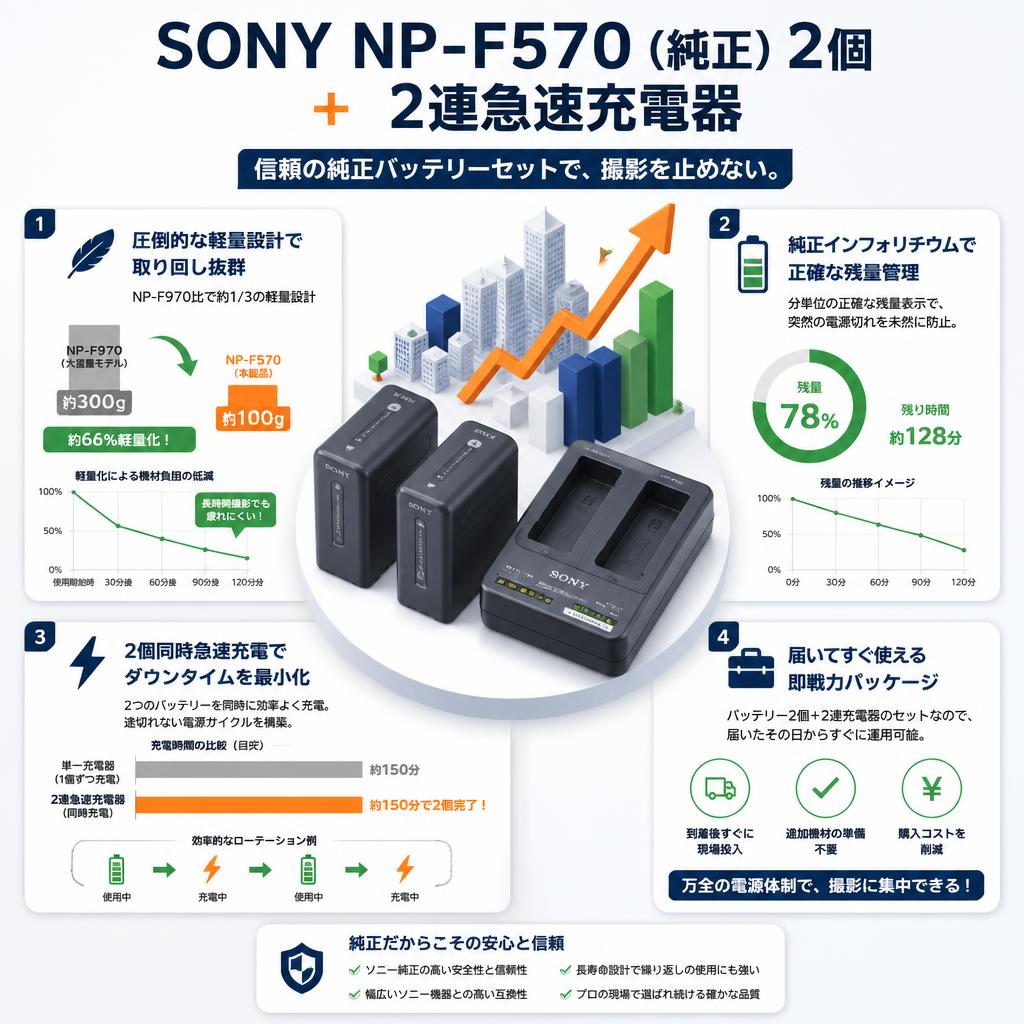 SONY NP-F570 （純正）2個 +　2連急速充電器 セールスポイント