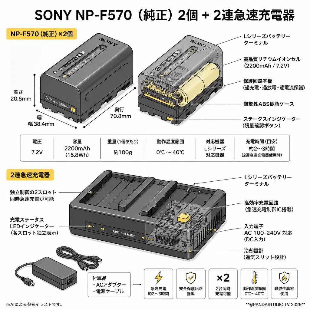 SONY NP-F570 （純正）2個 +　2連急速充電器 スペック