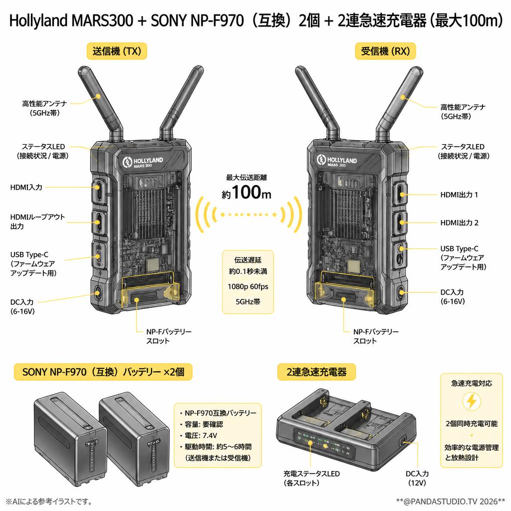 Hollyland MARS300 + SONY NP-F970 （互換）2個 +　2連急速充電器（最大100ｍ） スペック