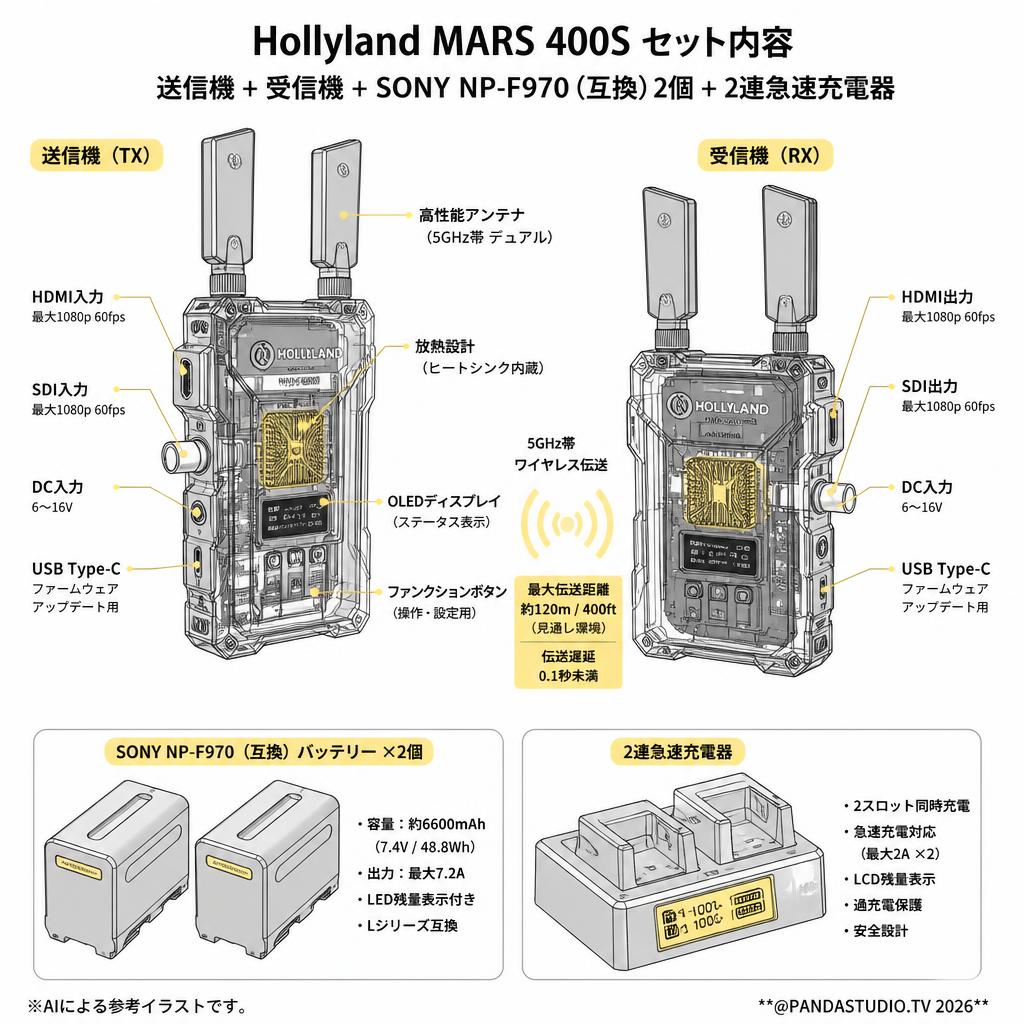 Hollyland MARS 400S + SONY NP-F970 （互換）2個 + 2連急速充電器 スペック