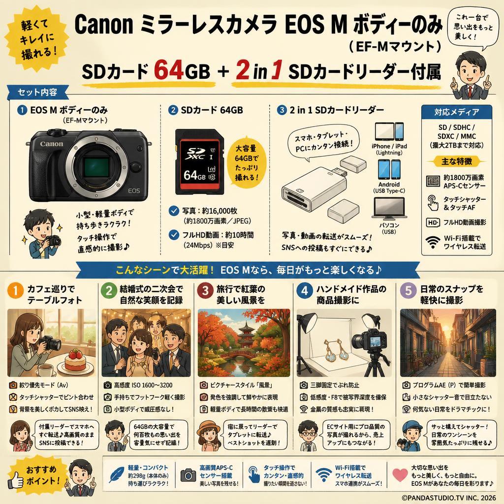Canon ミラーレスカメラ EOS M ボディーのみ （EF-Mマウント）SDカード 64GB ＋ 2 in 1 SDカードリーダー付属 用途