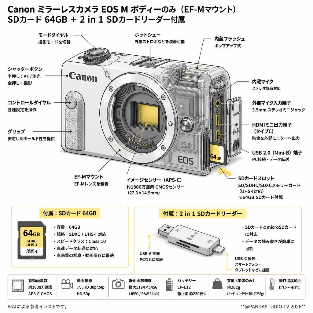 Canon ミラーレスカメラ EOS M ボディーのみ （EF-Mマウント）SDカード 64GB ＋ 2 in 1 SDカードリーダー付属 スペック