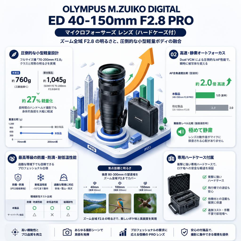 OLYMPUS M.ZUIKO DIGITAL ED 40-150mm F2.8 PRO マイクロフォーサーズ レンズ（ハードケ－ス付） セールスポイント