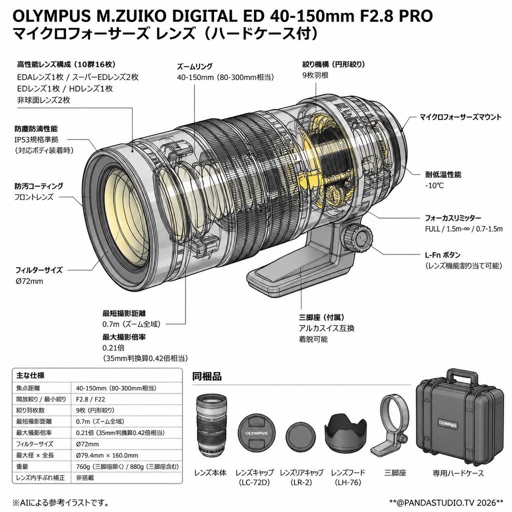 OLYMPUS M.ZUIKO DIGITAL ED 40-150mm F2.8 PRO マイクロフォーサーズ レンズ（ハードケ－ス付） スペック