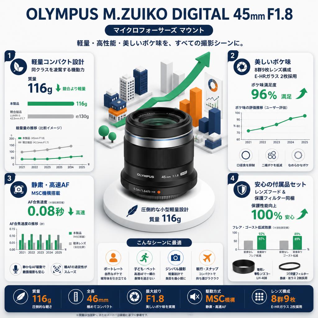 OLYMPUS M.ZUIKO DIGITAL 45mm F1.8 マイクロフォーサーズ マウント セールスポイント
