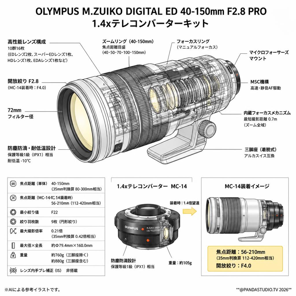 OLYMPUS M.ZUIKO DIGITAL ED 40-150mm F2.8 PRO 1.4xテレコンバーターキット スペック