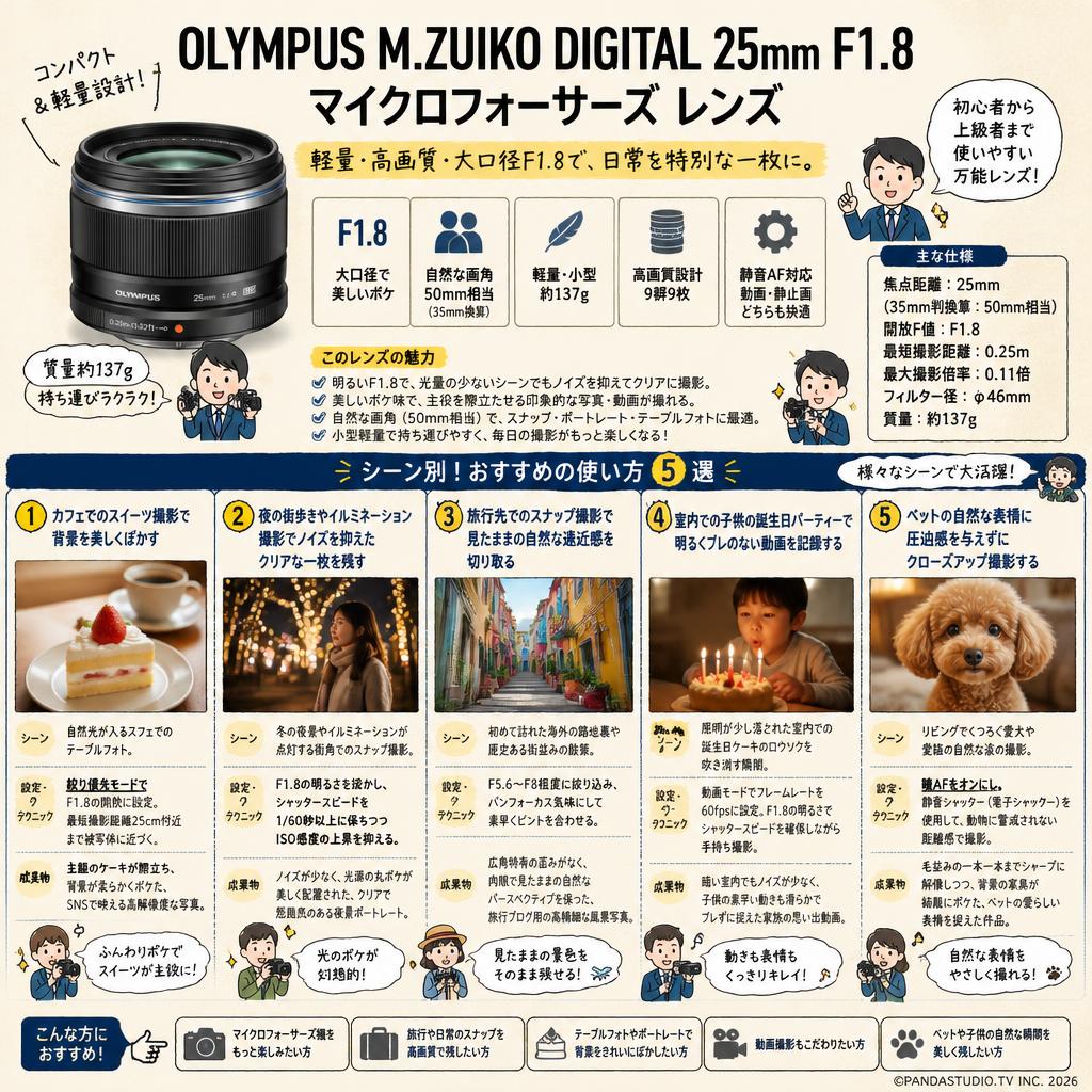 OLYMPUS M.ZUIKO DIGITAL 25mm F1.8 マイクロフォーサーズ レンズ 用途
