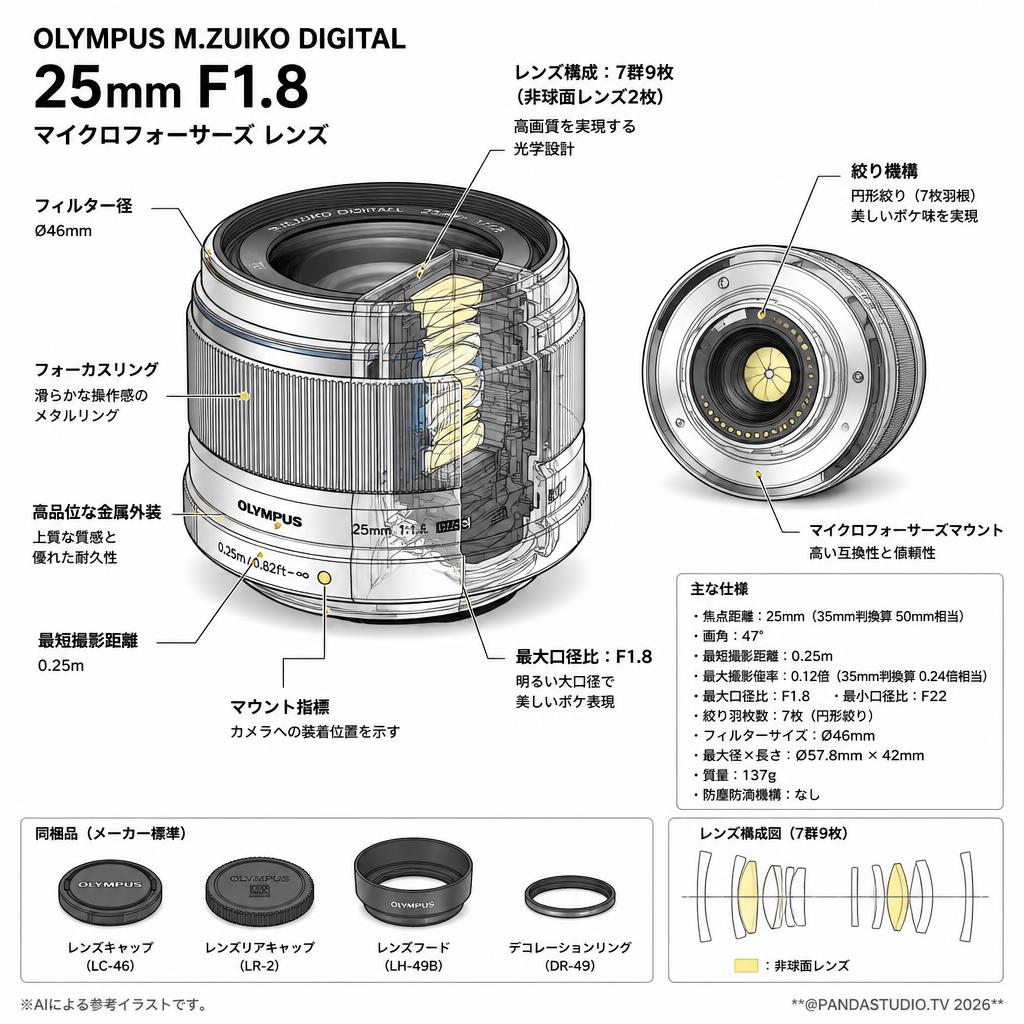 OLYMPUS M.ZUIKO DIGITAL 25mm F1.8 マイクロフォーサーズ レンズ スペック